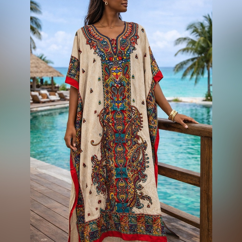 Boho Paisley Kaftan Maxi Dress Cream Multicolor Dashiki Caftan One Size NWT